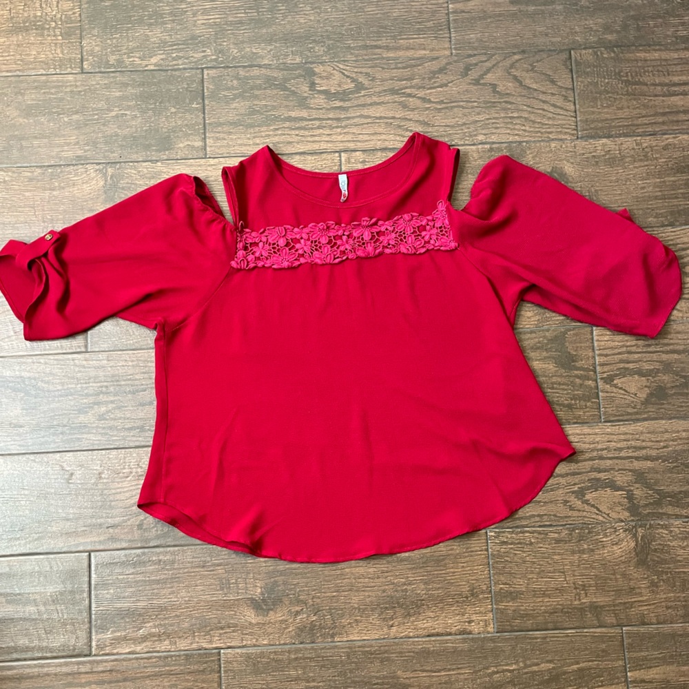 Red Cold Shoulder Top with Lace Detail blouse